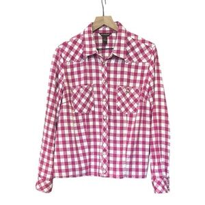 Bit & Bridle Pink Gingham Button Front Long Sleeve Top Size Medium